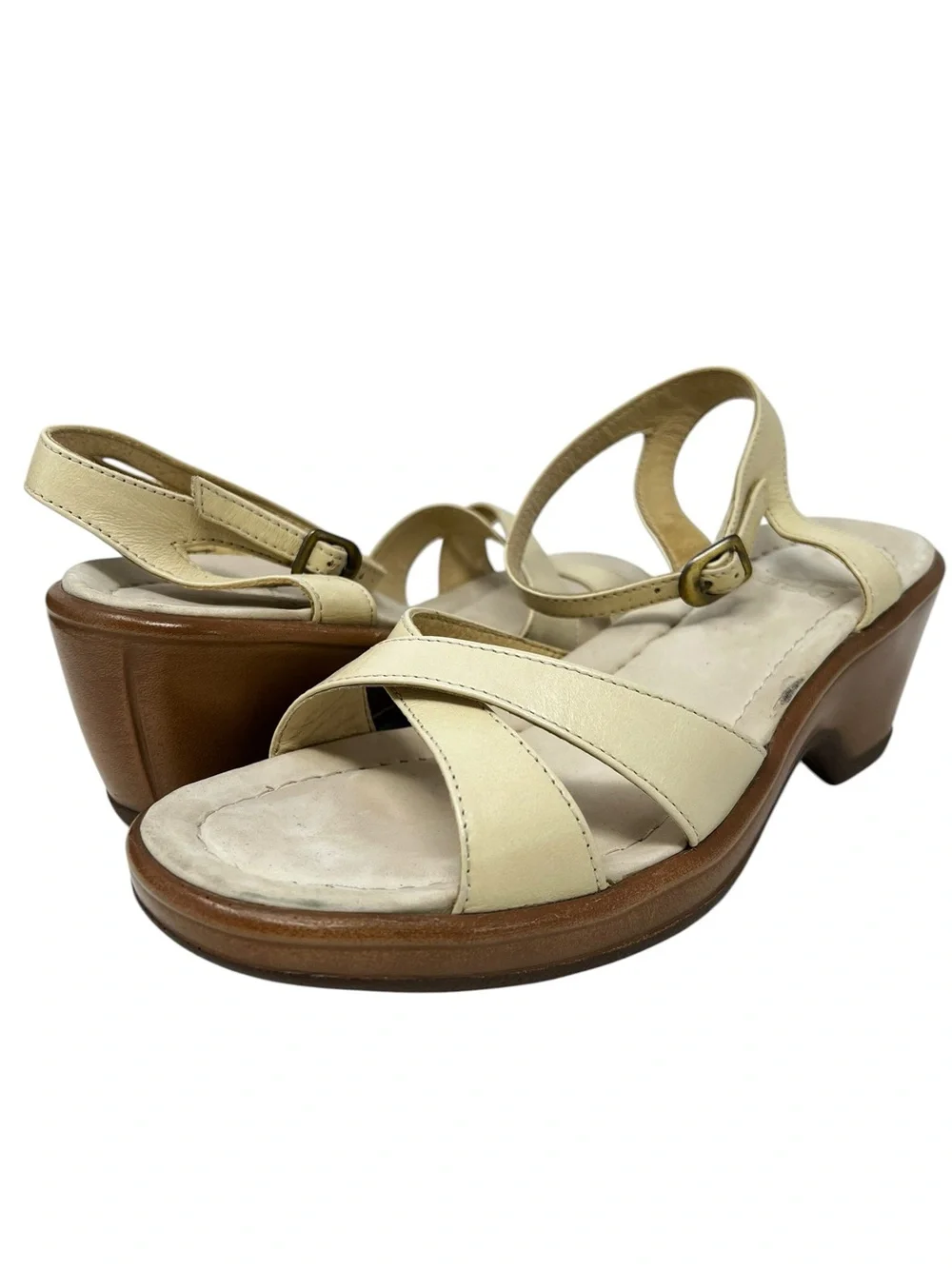 Dansko Cream Leather Cross-Strap Wedge Sandals with Buckle
